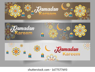 Banderas horizontales de Ramadan Kareem con estrellas y flores arabescas. Ilustración vectorial para tarjeta de felicitación, póster y vale. Luna de media luna islámica con faroles tradicionales colgantes