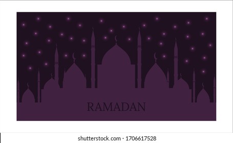 Ramadan Kareem horizontal banners with mosque dome silhouette and shinny stars on dark violet background. Vector Illustration for greeting card, poster and voucher. Place for text.