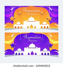 Ramadan Kareem horizontal banners with stars and mosque. Vector Illustration for greeting card, poster and voucher. Islamic crescent stars with hanging. Beautiful ramadan kareem background color