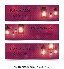 Ramadan Kareem horizontal banners. Vector header with arabic pattern, website background layout