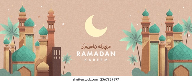 Ramadan Kareem horizontal poster, card, holiday cover or web banner. Arabic text translation Ramadan Kareem. Modern beautiful design in pastel colors with mosque, moon crescent and stars in the sky