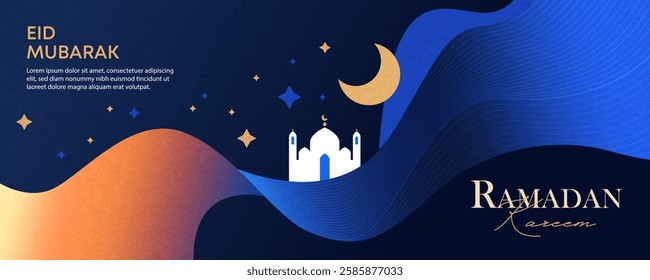 Ramadan Kareem horizontal poster, card, holiday cover or web banner. Modern beautiful gradient design with mosque, moon crescent and stars in the night sky. Eid Mubarak luxury minimalist template