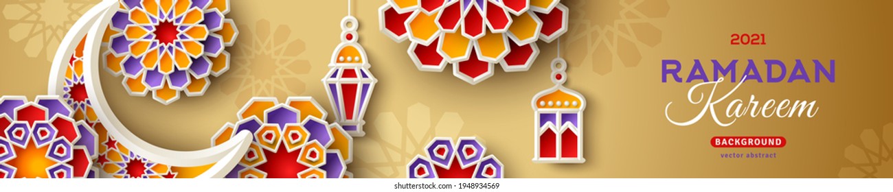 Ramadan Kareem Horizontal Sale Header Template with Moon and 3d Paper cut Islamic Stars on Gold Background. Vector illustration for greeting card, poster and voucher. Fanous and Place for Text.