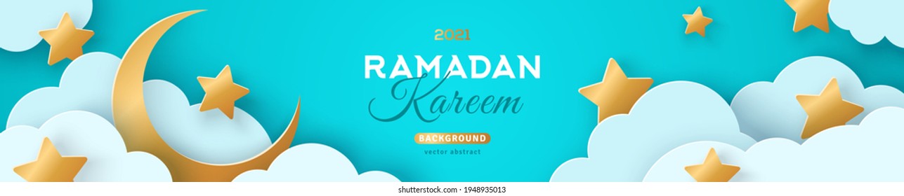 Ramadan Kareem Cabecera de venta horizontal o plantilla de cupón con luna de oro, 3d nubes cortadas de papel y estrellas en fondo cielo azul. Ilustración vectorial. Patrones tradicionales y lugar para el texto.