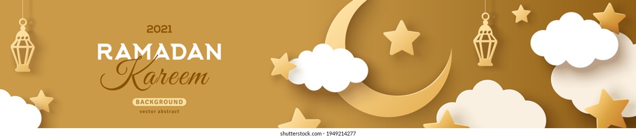 Ramadan Kareem Horizontal Sale Header or Voucher Template with Gold Moon, 3d Paper cut Clouds and Stars on Golden Sky Background. Vector illustration. Traditional Lanterns and Place for Text.