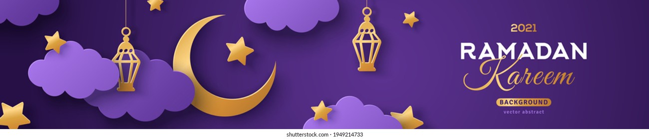 Ramadan Kareem Horizontal Sale Header or Voucher Template with Gold Moon, 3d Paper cut Clouds and Stars on Night Sky Violet Background. Vector illustration. Traditional Lanterns and Place for Text.