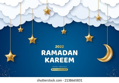 Ramadan Kareem Horizontal Sale Header or Voucher Template with Gold Moon, 3d Paper cut Clouds and Stars on Night Sky Blue Background. Vector illustration. Place for Text.