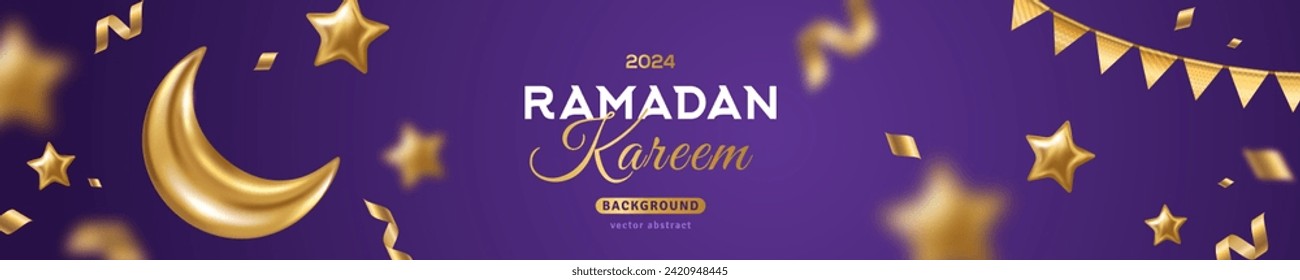 Ramadan Kareem Horizontal Sale Header, Voucher Template. Gold Moon, 3d Stars on Sky Violet Background. Vector illustration. Traditional Decorations, Place for Text. Baby dream good night wallpaper