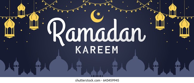 Ramadan Kareem horizontal vector banner, text in middle with lantern and Mosque. Ramadan Kareem ads, flyer, invitation, greeting card. Islamic background.