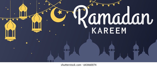Ramadan Kareem horizontal vector banner, text in right with lantern and Mosque. Ramadan Kareem ads, flyer, invitation, greeting card. Islamic background.