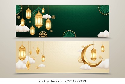 Anuncio de Web Horizontal de Ramadán Kareem con luna creciente, linternas y fondo islámico elegante