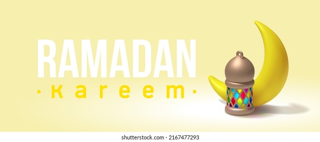 Ramadan Kareem horizontal yellow banner, template header for website. Realistic 3d cartoon cute design bronze fanous. Traditional religious symbol crescent, gold lanterns fanoos. Arabic Ramadan Kareem