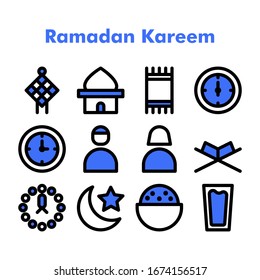 Ramadan Kareem icon set with filled line style. Good for Ramadan theme