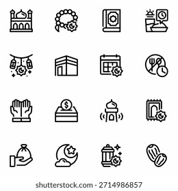 Ramadan Kareem Icon Set with Islamic Symbols and Lanterns