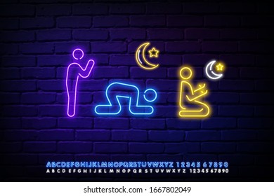 Ramadan Kareem icon set neon. Design template, people pray . Ramadan Kareem is a glorious month of the Muslim year. Light banner, a collection of neon signs for the Muslim holiday. Vector illustration