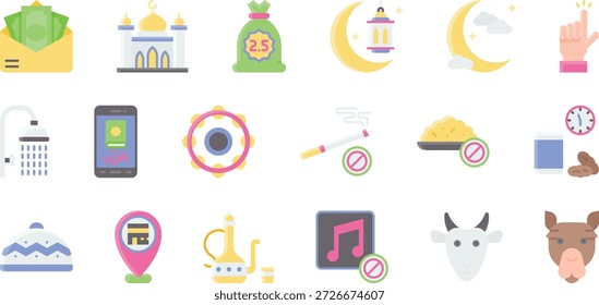 Conjunto de iconos de Ramadán Kareem Oración, ayuno, caridad y símbolos de Eid