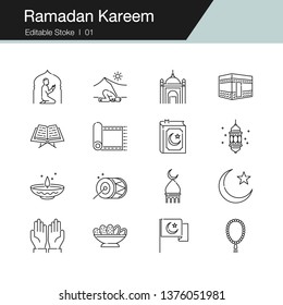 Ramadan Kareem icons. Modern line design. For presentation, graphic design, mobile application, web design, infographics, UI. Editable Stroke. Vector illustration.