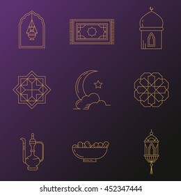 Ramadan Kareem icons with moon, lantern, mosque in the clouds.
Symbols for muslim community. Kadir Gecesi Vector illustration in mono line style. For invitations, business, print. Iftar Party.