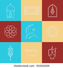 Ramadan Kareem icons with moon, lantern, mosque, tea pot.
Symbols for muslim community. Kadir Gecesi Vector illustration in mono line style. For invitations, business, print. Iftar Party.