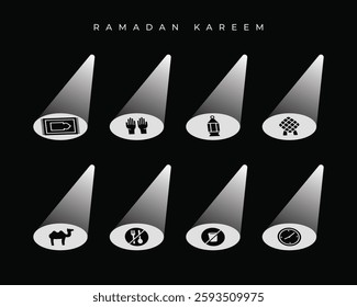 Ramadan kareem icons in spotlight vector graphic clip art illustration. Praying hand, prayer mat with spotlight sign symbol logo template