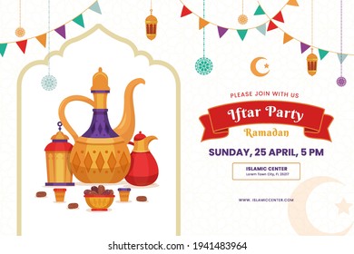 Ramadan Kareem iftar Banner invitation background islamic symbol with teapot, lantern and dates or food for breakfasting. and man praying. Vector Illustration idea concept Flat Styles.