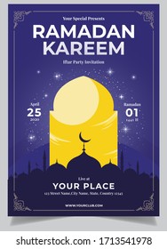 Ramadan Kareem, Iftar Card Template, Greetings for Iftar Party at night, crescent moon above the mosque with Twinkling of stars, Holy Month of muslims, Islamic Poster, banner design for breaking fast 
