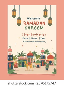 Ramadan Kareem Iftar Celebration Invitation Poster. Vector Illustration Ramadan Kareem. Islamic holiday vector illustrations, Arabic architecture, mosque, objects and background.