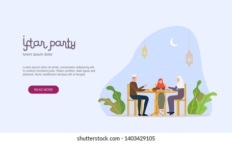 Ramadan kareem. Iftar Eating After Fasting concept. Family dinner on Ramadan or celebrating Eid mubarak. Islamic kids Book Illustration, Landing page templates, Banners, Card Invitation, Social media.