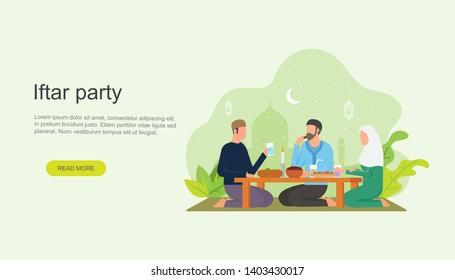 Ramadan kareem. Iftar Eating After Fasting concept. Family dinner on Ramadan or celebrating Eid mubarak. Islamic kids Book Illustration, Landing page templates, Banners, Card Invitation, Social media.