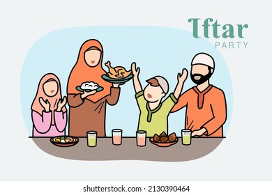 Ramadan kareem. Iftar Eating After Fasting hand drawn concept. Family dinner on Ramadan or celebrating Eid mubarak. Islamic kids Book Illustration, Landing page templates, Banners, Social media.
