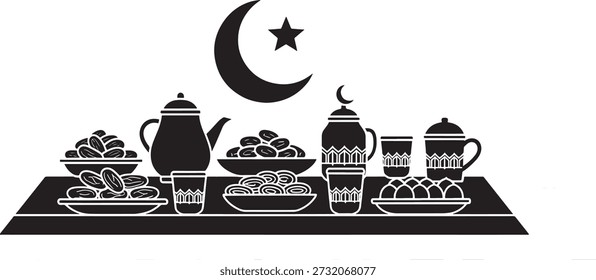 Ramadã kareem iftar festa com datas e chá na mesa tradicional muçulmana celebração