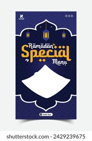 Ramadan Kareem Iftar food menu social media story post design. súper deliciosa plantilla de banner web de menú de comida de ramadán