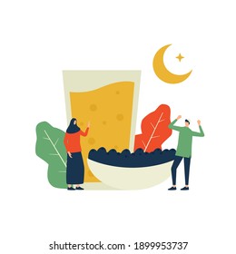 Ramadan kareem iftar illustration, man and woman happy iftar with dates and drink, iftar time
