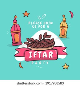 Ramadan Kareem Iftar Invitation Design Hand Drawn with date palm and Young Green Background. Lantern, Date Palm, Star, moon design Element Vector Illustration.