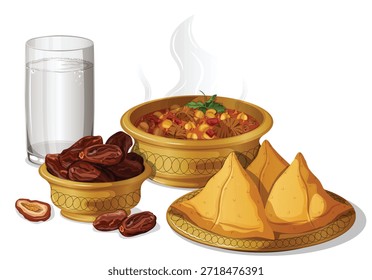 Ramadan Kareem Iftar Meal Vector Art featuring Traditional Harira Soup, Fried Samosas, Dates, and Water Glass. Isolated Fast-Breaking Concept for Islamic Religious Celebrations