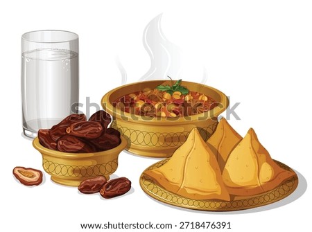 Ramadan Kareem Iftar Meal Vector Art featuring Traditional Harira Soup, Fried Samosas, Dates, and Water Glass. Isolated Fast-Breaking Concept for Islamic Religious Celebrations