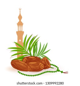 Ramadan kareem, iftar, muslim, islamic set collection. Mosque, rosary, dates fruit, palm tropical leaves. Perfectly greeting card, text, invitation.1