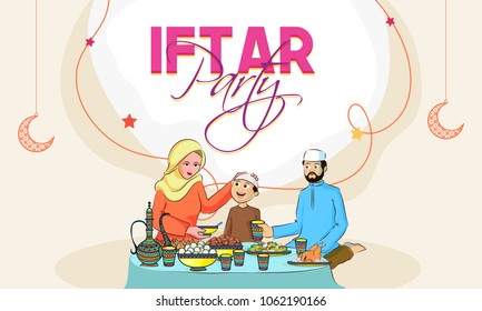 Ramadan Kareem, Iftar Party celebration invitation card design with illustration of Islamic family enjoying delicious food. Ramadan Kareem, Iftar Party celebration invitation card design with illustration of Islamic family enjoying delicious food.
