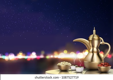 Ramadan Kareem Iftar party celebration. Traditional teapot with bowl, cups and dates on dinner table