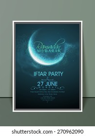 Ramadan Kareem, Iftar party celebration invitation card with crescent moon in blue night and floral design.