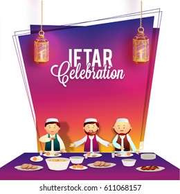 Ramadan Kareem, Iftar Party celebration invitation card design with illustration of Muslim Men enjoying delicious food.