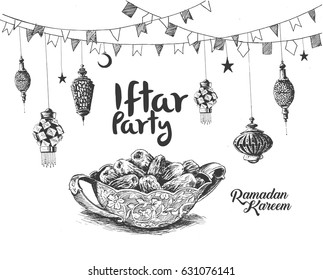 Ramadan Kareem Iftar party celebration, Hand Drawn Sketch Vector illustration.