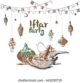 Ramadan Kareem If-tar party celebration, Hand Drawn Sketch Vector illustration.