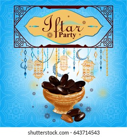 Ramadan Kareem. Iftar Party celebration. Hand Drawn Sketch Vector illustration. Dried fruits. Set Dates.