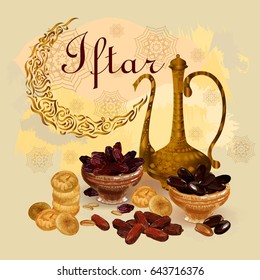 Ramadan Kareem. Iftar Party celebration. Hand Drawn Sketch Vector illustration. Dried fruits. Set Dried Figs and Dates.  Outline decor in Eastern style. Islamic Ramadan greeting card, poster.