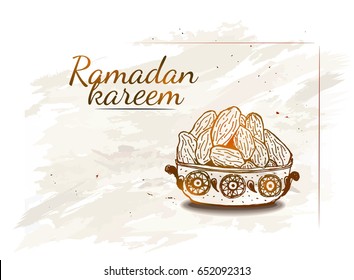 Ramadan Kareem Iftar party celebration. Hand Drawn Dish with dates on the grunge background.Vintage texture.