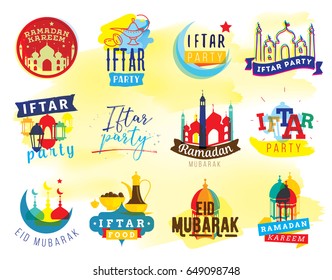 Ramadan kareem. Iftar party. Eid mubarak. Vector typography, text design. Labels with lantern, moon and mosque for greeting cards, print and web.