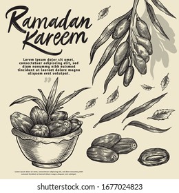 Ramadan Kareem Iftar party elements background engraving illustration.