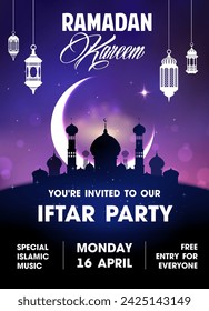 Volante de la fiesta iftar de Ramadán Kareem o Eid Mubarak saludo de fiesta musulmana con la mezquita, fondo del vector. Lámparas de luna creciente y lámparas arábigas en cartel de invitación a la fiesta iftar sobre el ayuno islámico