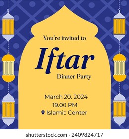 Ramadan Kareem Iftar party invitation greeting card template in blue geometric pattern as background. Iftar Party celebration Invitation, Poster, Banner or Flyer design.